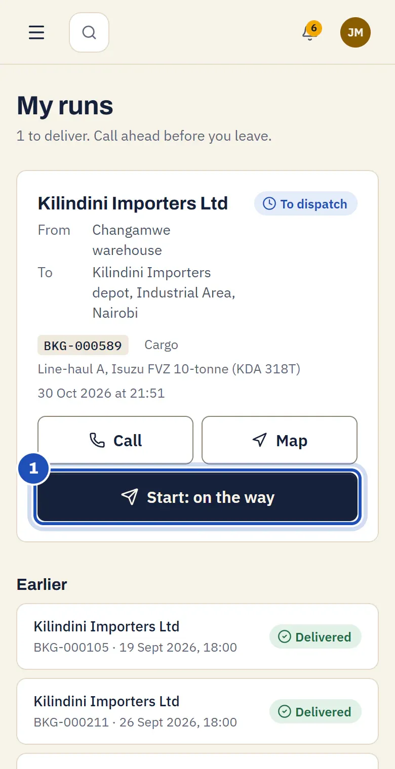 My runs on Joseph Mwangi's phone: a load of cargo for Kilindini Importers Ltd from the Changamwe warehouse to their depot in Industrial Area, Nairobi, on Line-haul A, with Call, Map and Start: on the way, marked 1.
