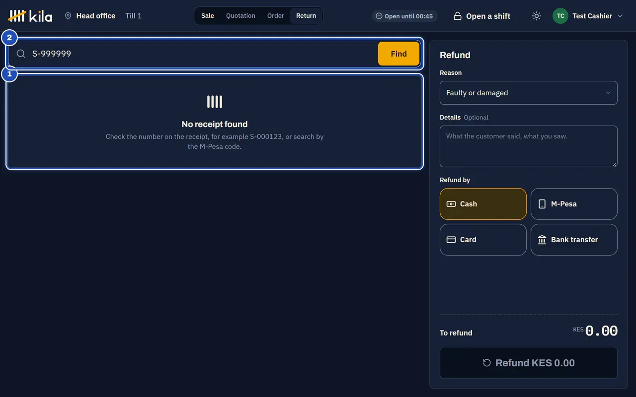 The Return tab after searching S-999999: No receipt found. Check the number on the receipt, for example S-000123, or search by the M-Pesa code (1). The search box (2).
