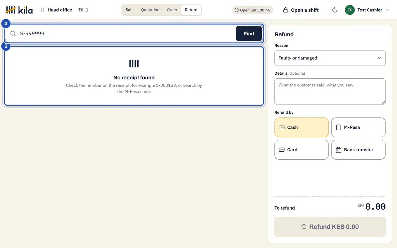 The Return tab after searching S-999999: No receipt found. Check the number on the receipt, for example S-000123, or search by the M-Pesa code (1). The search box (2).