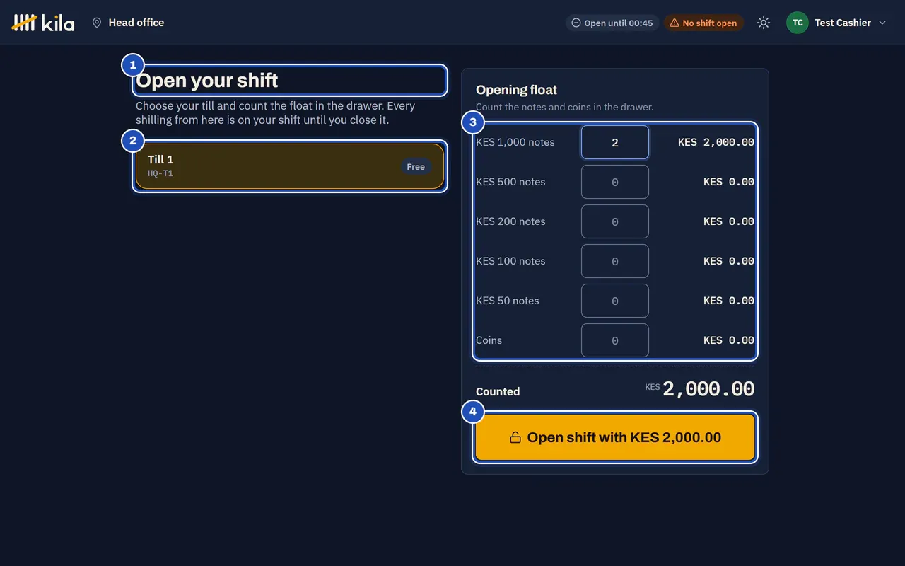 Test Cashier's till: Open your shift (1). Till 1 is chosen (2), two KES 1,000 notes are counted (3) and Open shift with KES 2,000.00 is marked 4.