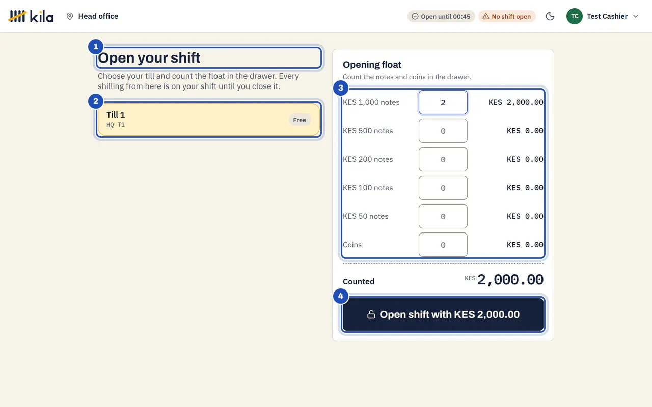 Test Cashier's till: Open your shift (1). Till 1 is chosen (2), two KES 1,000 notes are counted (3) and Open shift with KES 2,000.00 is marked 4.