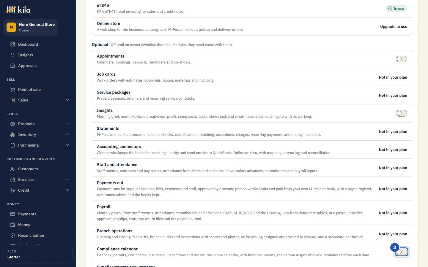 Business profile, Modules, Optional: Appointments, Insights and Compliance calendar with switches, Compliance calendar's marked 3, and Job cards, Statements, Payroll and others Not in your plan.
