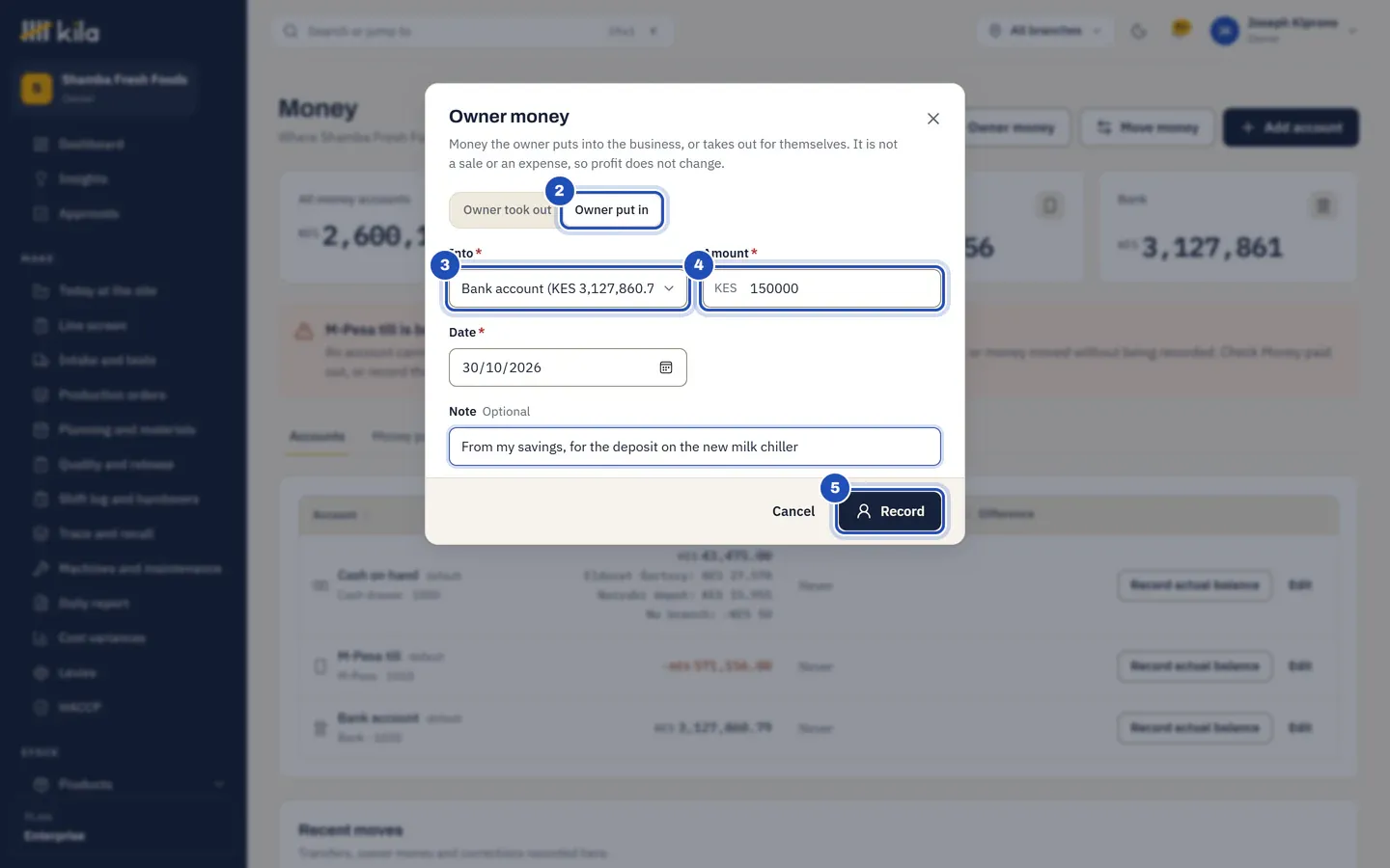 Owner money: Owner put in chosen (2), into the bank account (3), KES 150,000 (4), with a note, and Record (5).