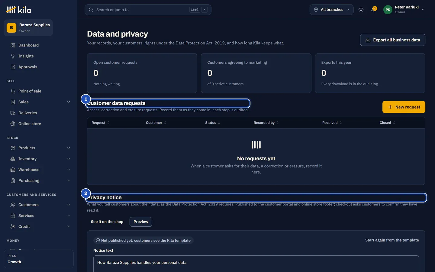 Data and privacy at Baraza Supplies: Customer data requests, none yet (1), and the Privacy notice, not published yet so customers see the Kila template (2).