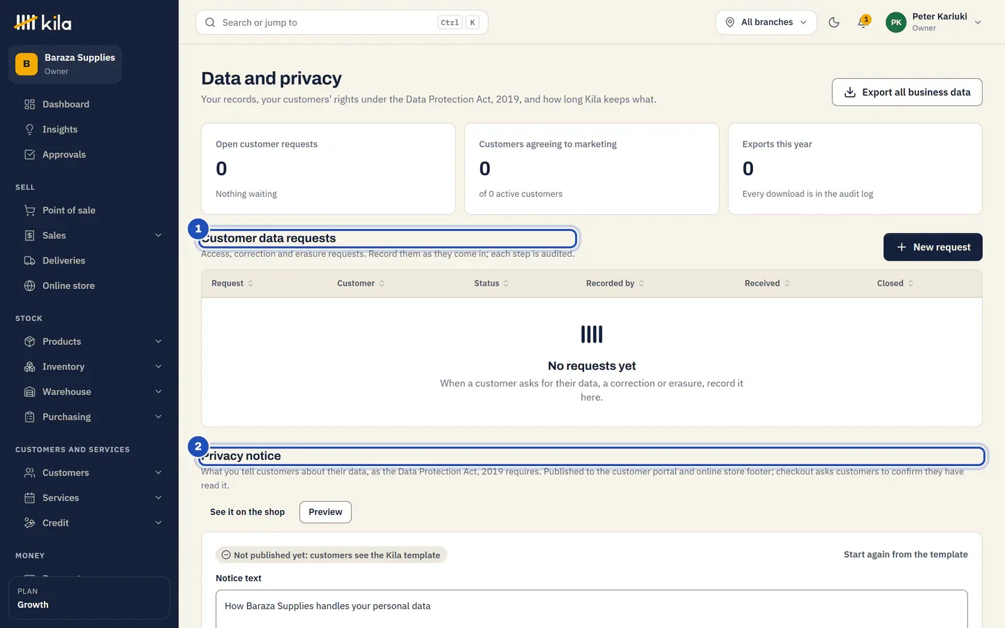 Data and privacy at Baraza Supplies: Customer data requests, none yet (1), and the Privacy notice, not published yet so customers see the Kila template (2).