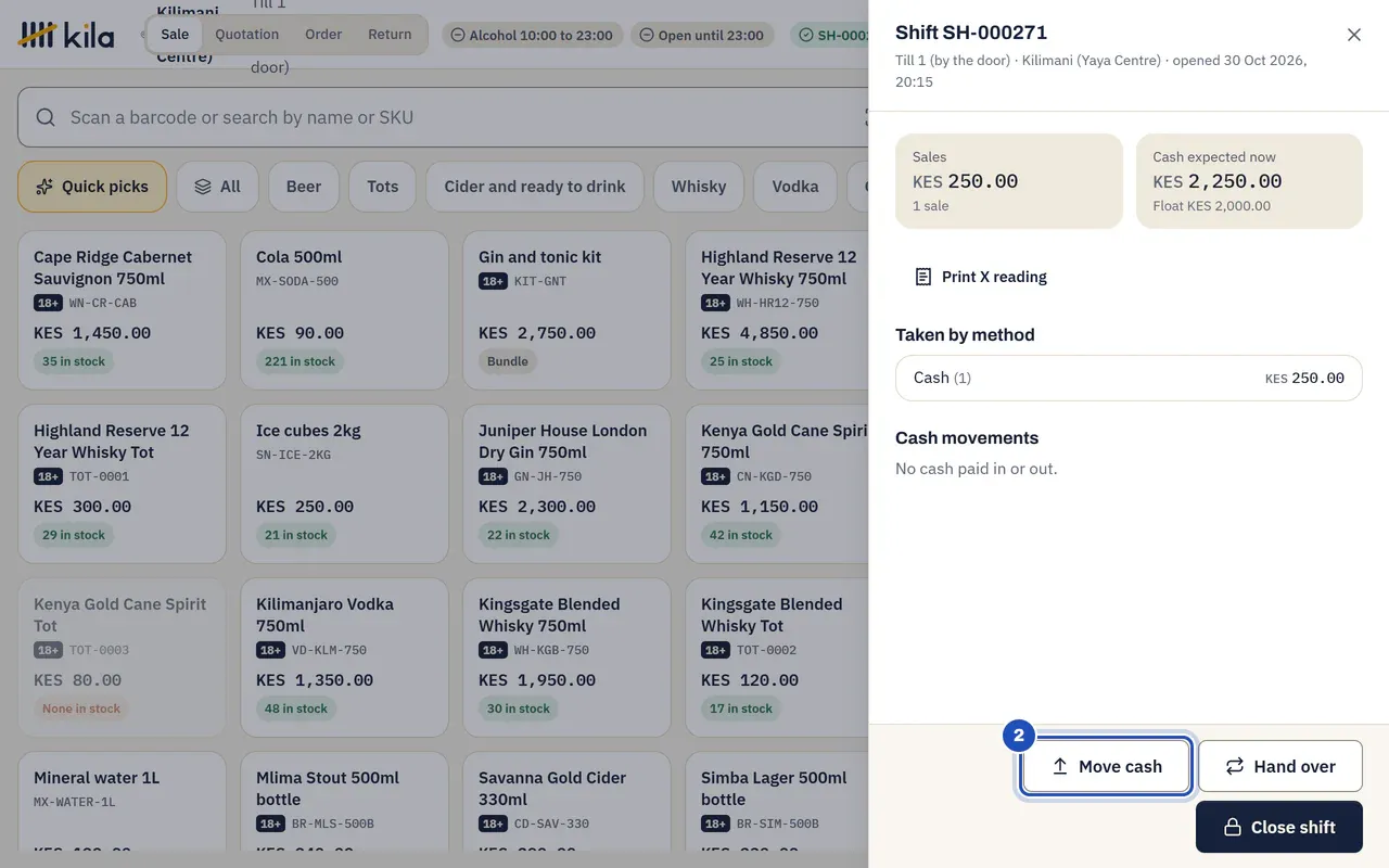The shift panel at Baraka Wines and Spirits: sales KES 250.00, cash expected now KES 2,250.00 from a KES 2,000.00 float, and No cash paid in or out. Move cash is marked 2.