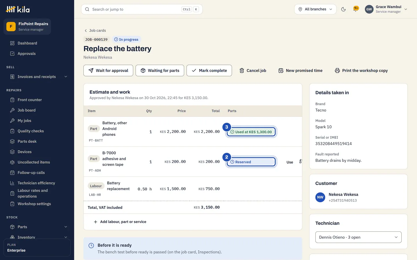 A battery job at FixPoint Repairs: the adhesive Reserved (2) and the battery Used at its cost (3), with half an hour of labour, KES 3,150.00 in all.