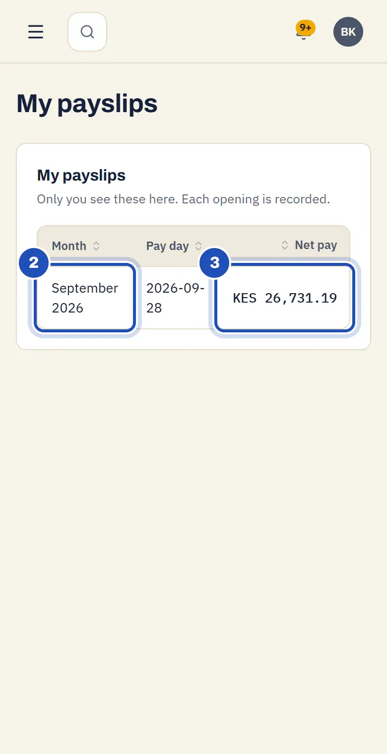 My payslips for Brian Kipkemboi: September 2026 (2) and its net pay, KES 26,731.19 (3).