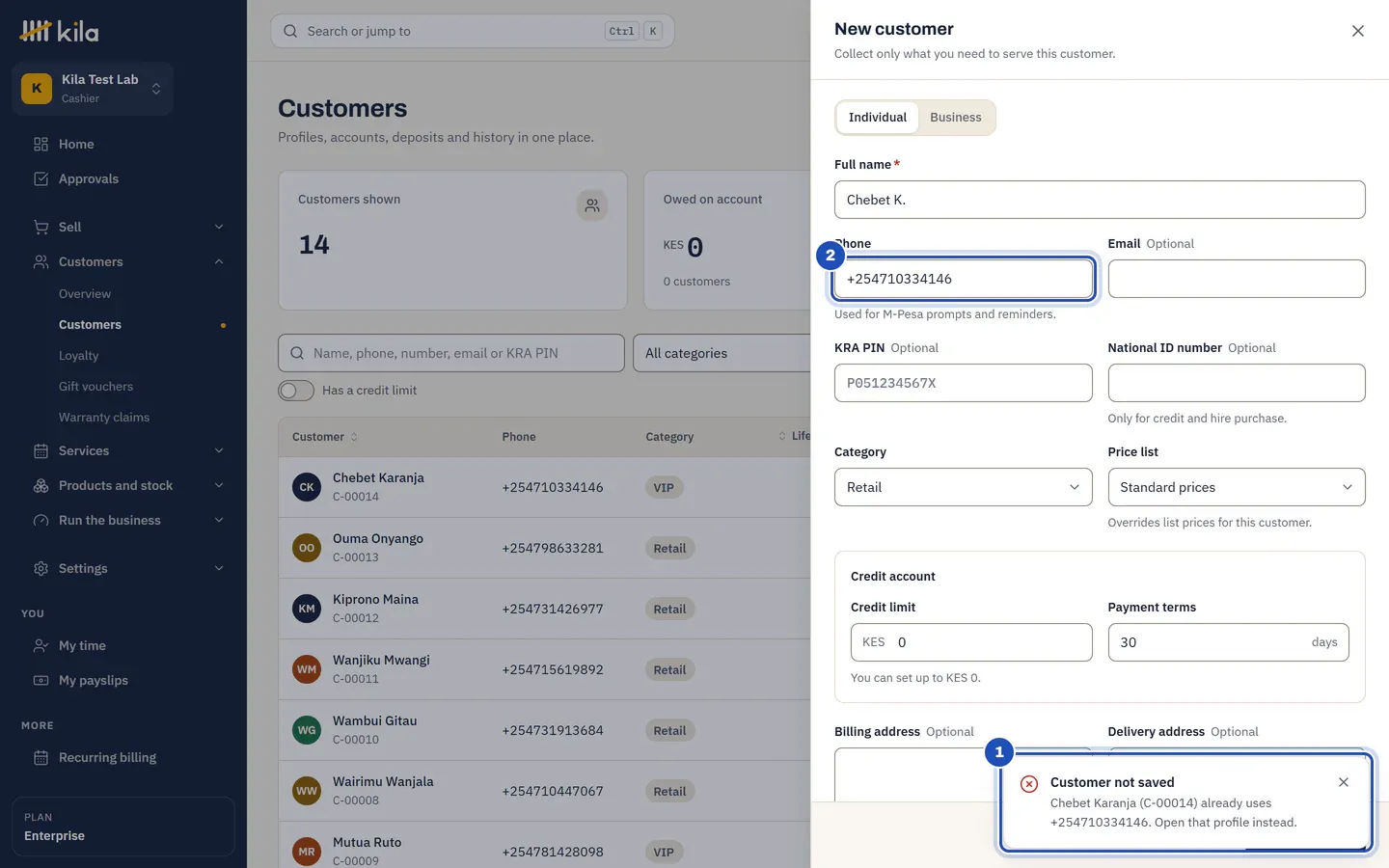 New customer Chebet K. with phone +254710334146: Customer not saved. Chebet Karanja (C-00014) already uses +254710334146. Open that profile instead (1). The phone field (2).