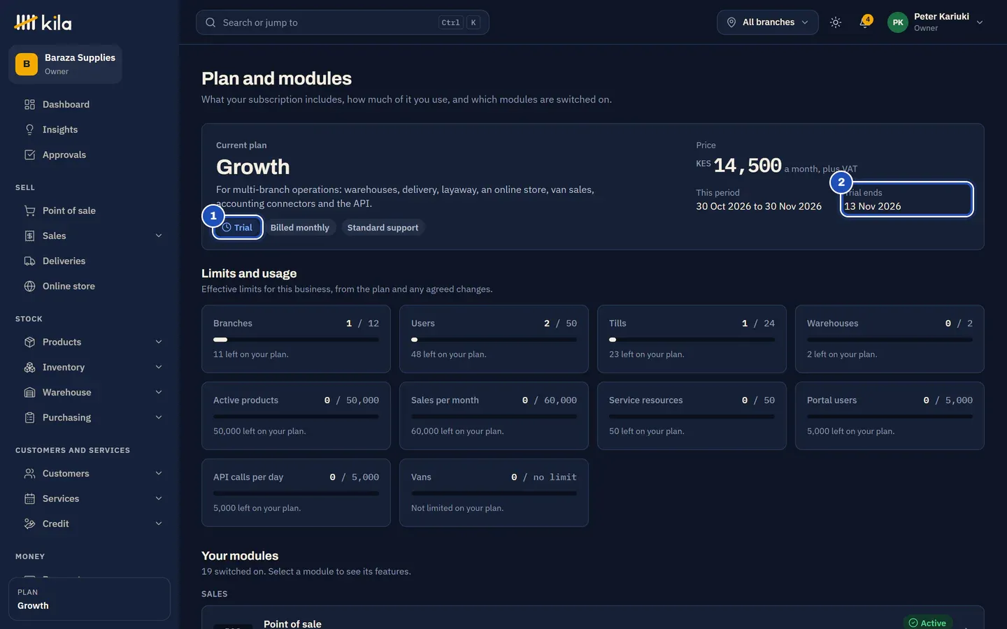 Plan and modules at Baraza Supplies: Current plan Growth, marked Trial (1), billed monthly, with the price a month plus VAT, this period, and the day the trial ends (2).