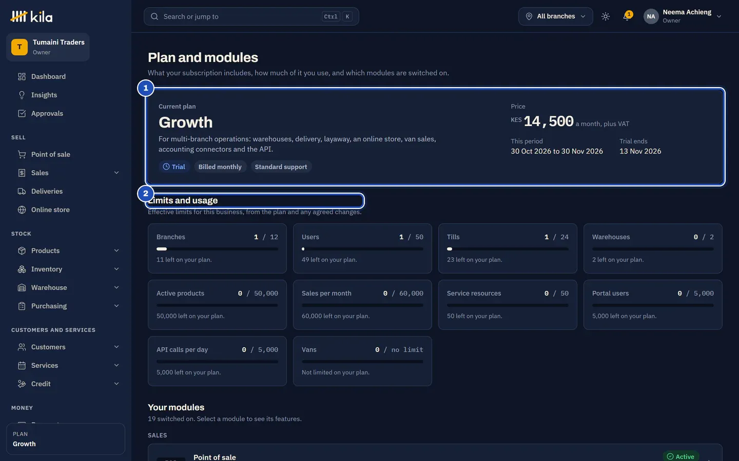 Plan and modules at Tumaini Traders: the current plan, Growth, on trial, KES 14,500 a month plus VAT, with the day the trial ends (1), and Limits and usage, such as 1 of 12 branches with 11 left on the plan (2).
