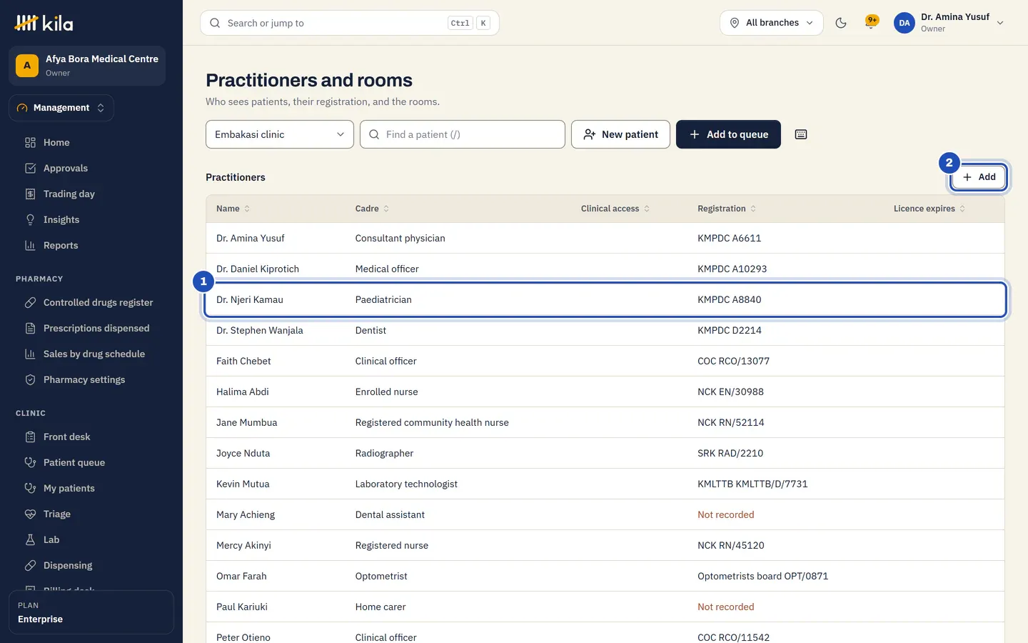 Practitioners and rooms at Afya Bora Medical Centre: each practitioner with their cadre and registration, Dr. Njeri Kamau, paediatrician, KMPDC A8840, marked 1, and Add marked 2. A carer's registration says Not recorded.