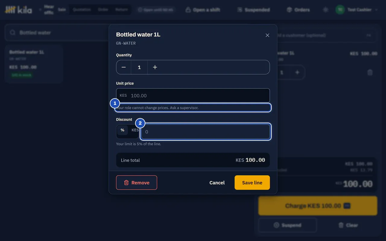 Test Cashier's line editor for bottled water: Your role cannot change prices. Ask a supervisor (1), and the discount field (2).