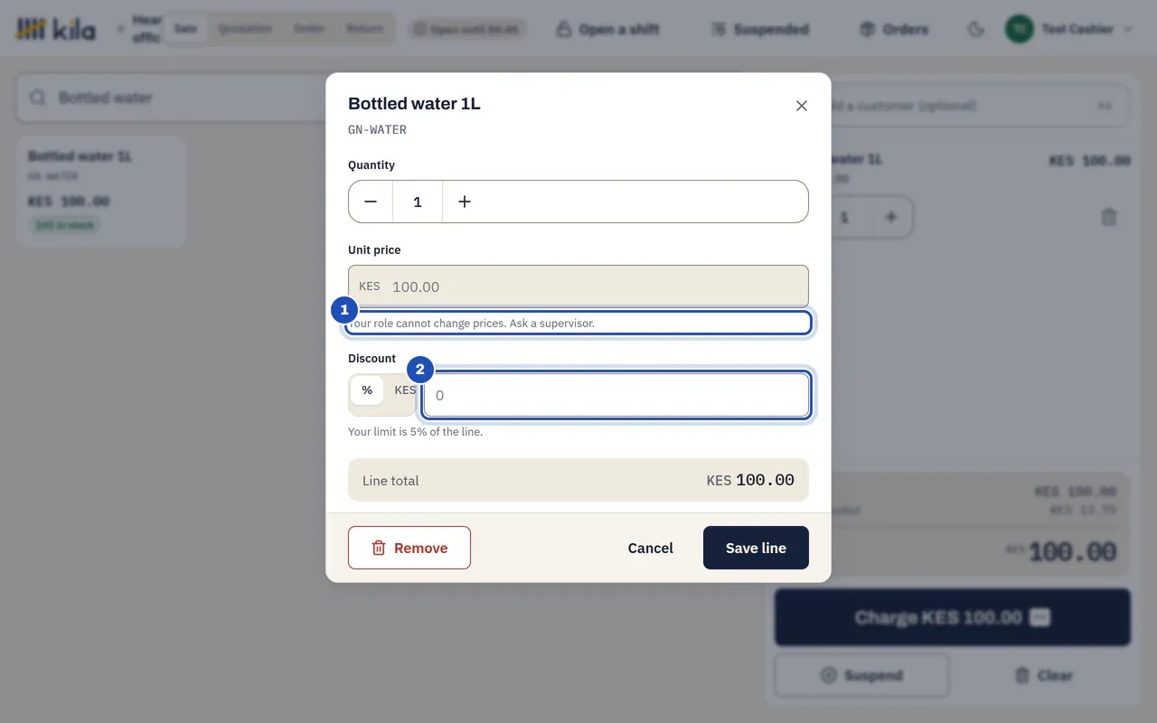 Test Cashier's line editor for bottled water: Your role cannot change prices. Ask a supervisor (1), and the discount field (2).