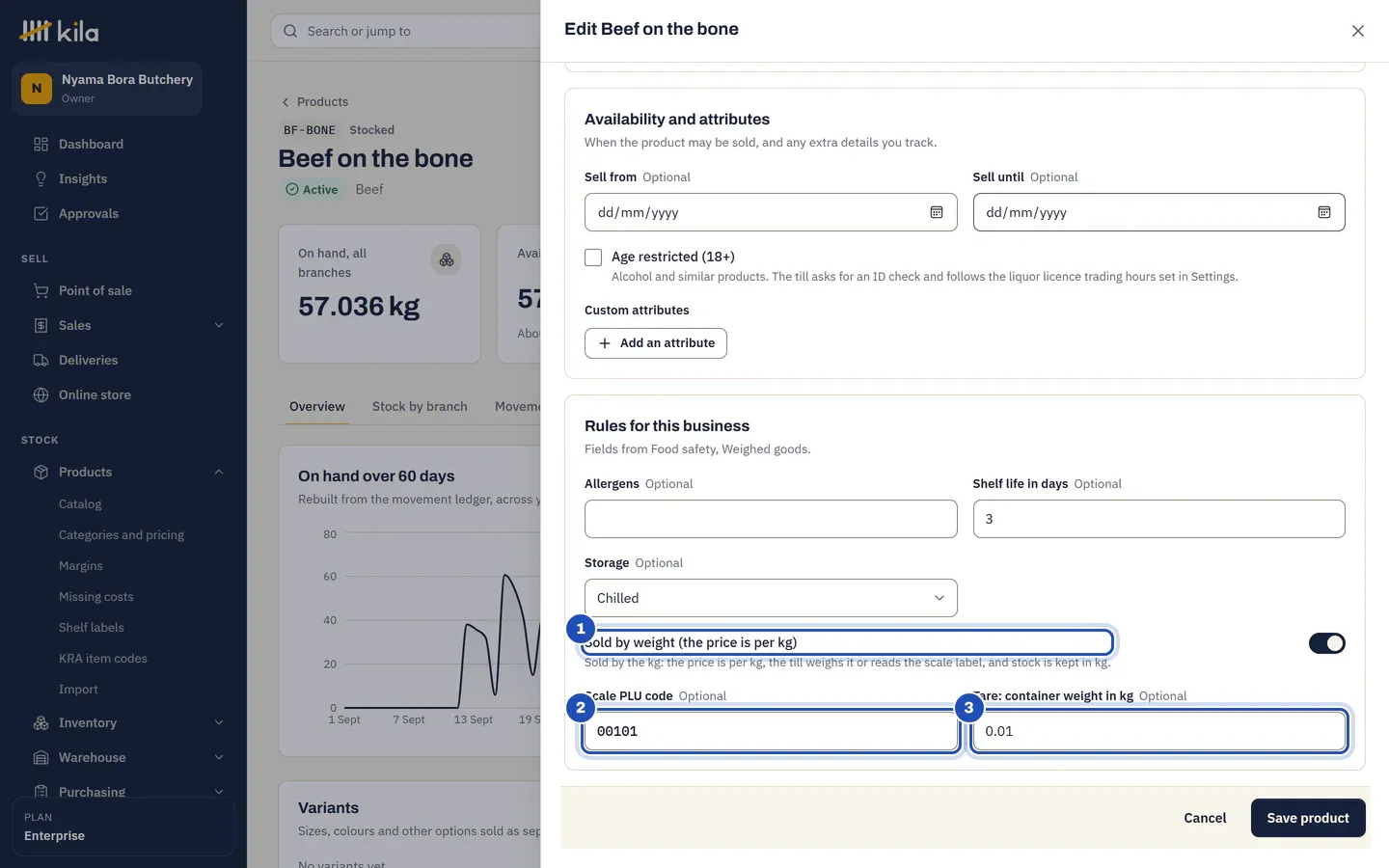 Edit Beef on the bone, Rules for this business: Sold by weight (the price is per kg) switched on (1), Scale PLU code 00101 (2) and Tare: container weight in kg 0.01 (3), beside the food safety fields.
