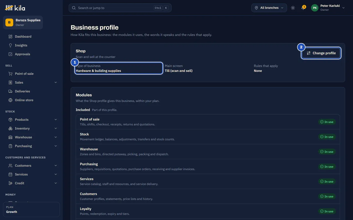 Business profile at Baraza Supplies: Shop, Scan and sell at the counter, with Type of business Hardware & building supplies, Main screen Till (scan and sell) and Rules that apply None (1), and Change profile (2).