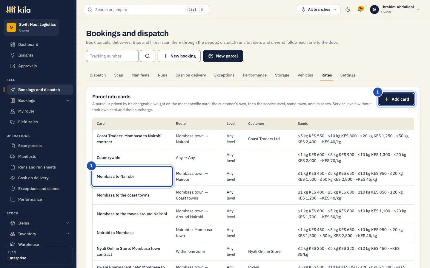 The Rates tab at Swift Haul Logistics: the parcel rate cards, with the card Mombasa to Nairobi and Add card marked 1, and the rates for trips below.