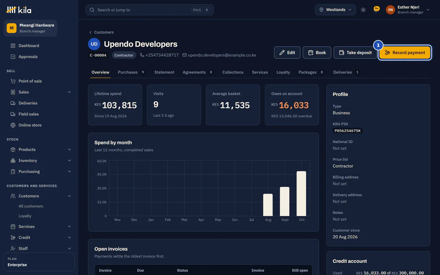 Upendo Developers' page at Mwangi Hardware, owing on account. Record payment is marked 1.