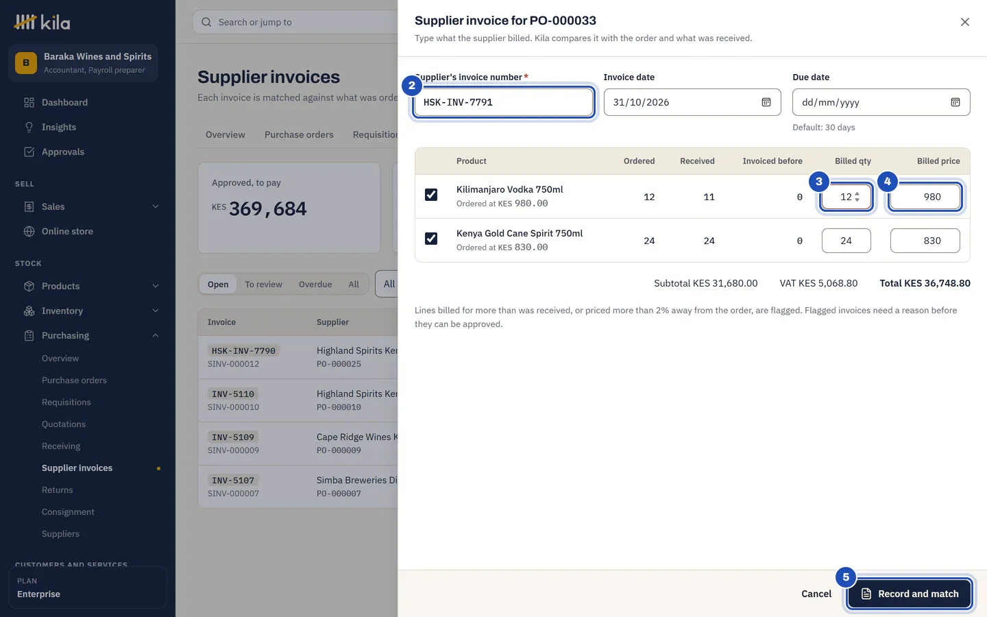 Supplier invoice for PO-000033: the supplier's invoice number HSK-INV-7791 (2), 12 bottles of Kilimanjaro Vodka billed though 11 were received (3), at KES 980 (4), and 24 Kenya Gold Cane Spirit. Total KES 36,748.80, and Record and match (5).