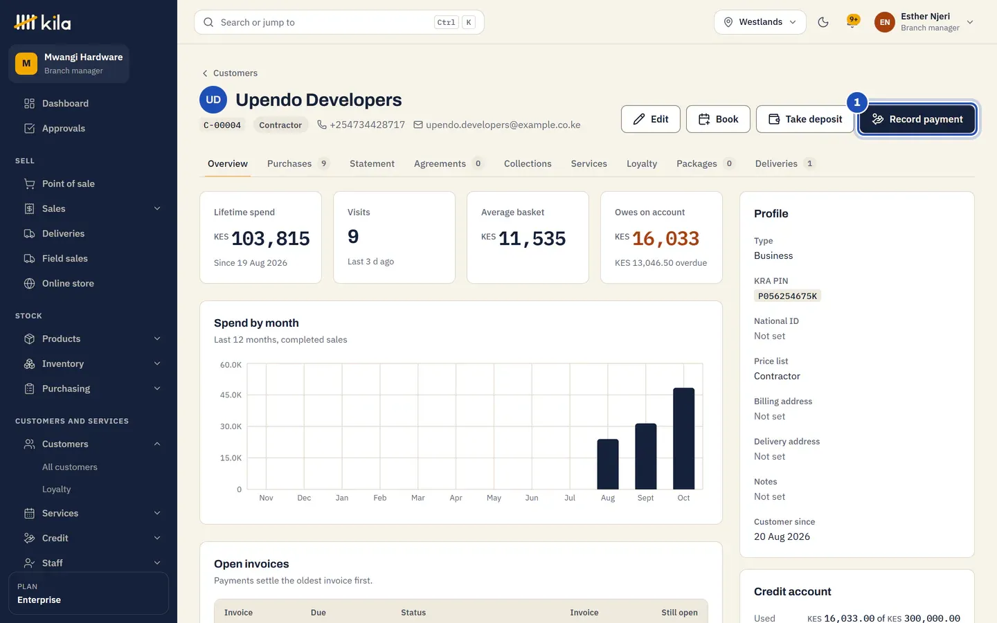 Upendo Developers' page at Mwangi Hardware, owing on account. Record payment is marked 1.