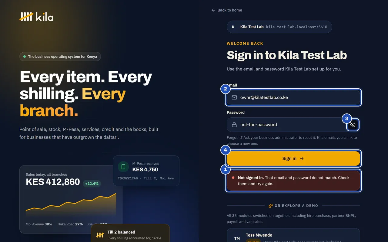 The sign-in page for Kila Test Lab after a sign-in that did not match: Not signed in. That email and password do not match. Check them and try again (1). The email field with a letter missing (2), the eye button that shows the password (3) and Sign in (4).