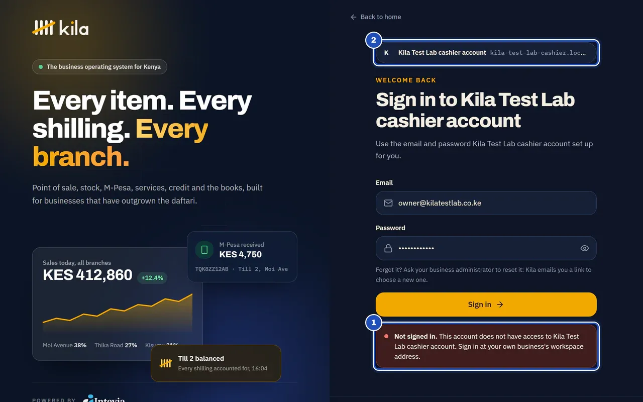 Tess Mwende, owner of Kila Test Lab, signing in on another business's sign-in page: Not signed in. This account does not have access to Kila Test Lab cashier account. Sign in at your own business's workspace address (1). The business and its address at the top of the page are marked 2.