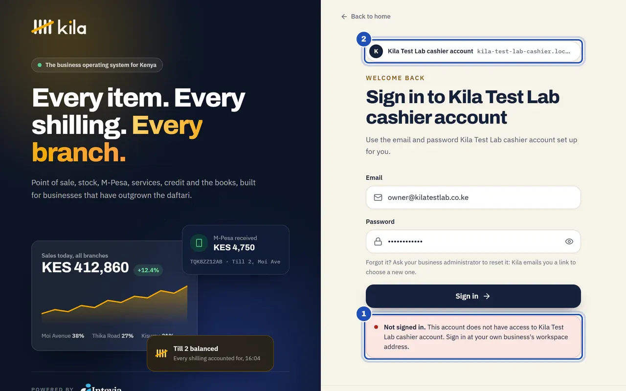 Tess Mwende, owner of Kila Test Lab, signing in on another business's sign-in page: Not signed in. This account does not have access to Kila Test Lab cashier account. Sign in at your own business's workspace address (1). The business and its address at the top of the page are marked 2.