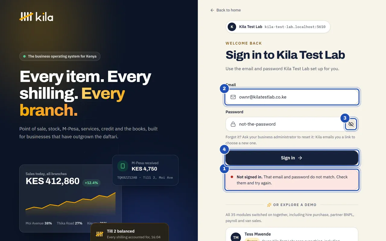 The sign-in page for Kila Test Lab after a sign-in that did not match: Not signed in. That email and password do not match. Check them and try again (1). The email field with a letter missing (2), the eye button that shows the password (3) and Sign in (4).