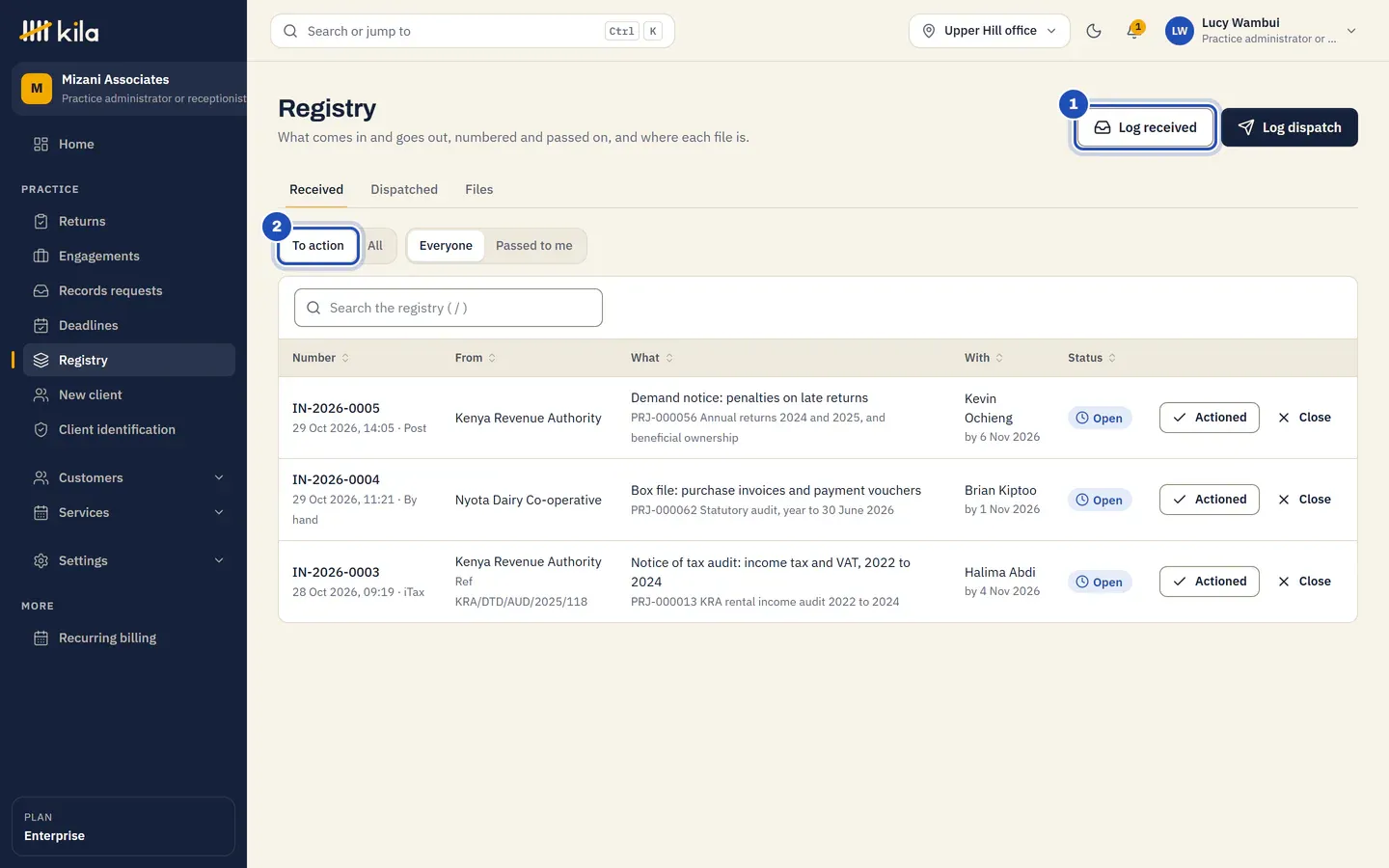 Lucy Wambui's Registry at Mizani Associates: Log received (1) and Log dispatch at the top, the tabs Received, Dispatched, Files and To action (2), and the received items, such as a KRA demand notice passed to Kevin Ochieng.