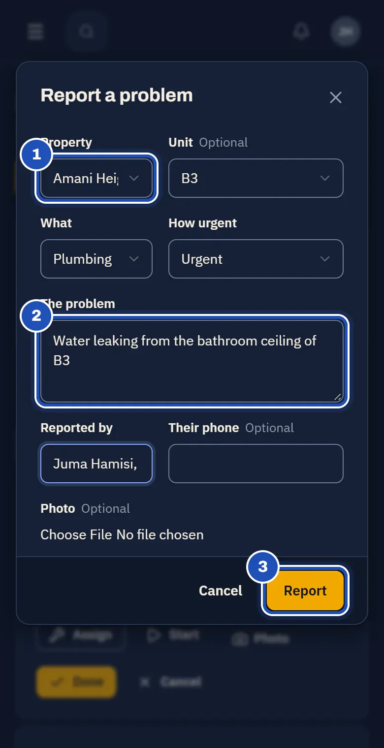 Report a problem on Juma Hamisi's phone: Amani Heights, Ruaka (1), unit B3, plumbing, urgent, the problem Water leaking from the bathroom ceiling of B3 (2), reported by Juma Hamisi, caretaker, and Report (3).