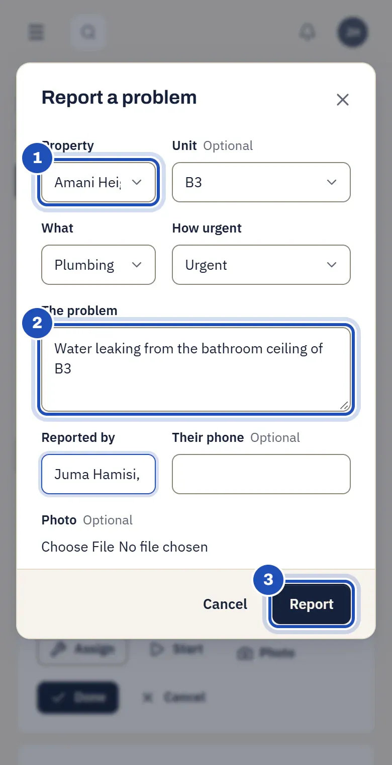 Report a problem on Juma Hamisi's phone: Amani Heights, Ruaka (1), unit B3, plumbing, urgent, the problem Water leaking from the bathroom ceiling of B3 (2), reported by Juma Hamisi, caretaker, and Report (3).