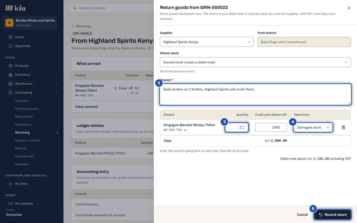 Return goods from a receipt of Highland Spirits Kenya at the Baba Dogo store: the reason, seals broken on 2 bottles (2), 2 bottles of Kingsgate Blended Whisky 750ml (3) at KES 1,440 taken from damaged stock (4). Debit note about KES 3,340.80 including VAT, and Record return (5).