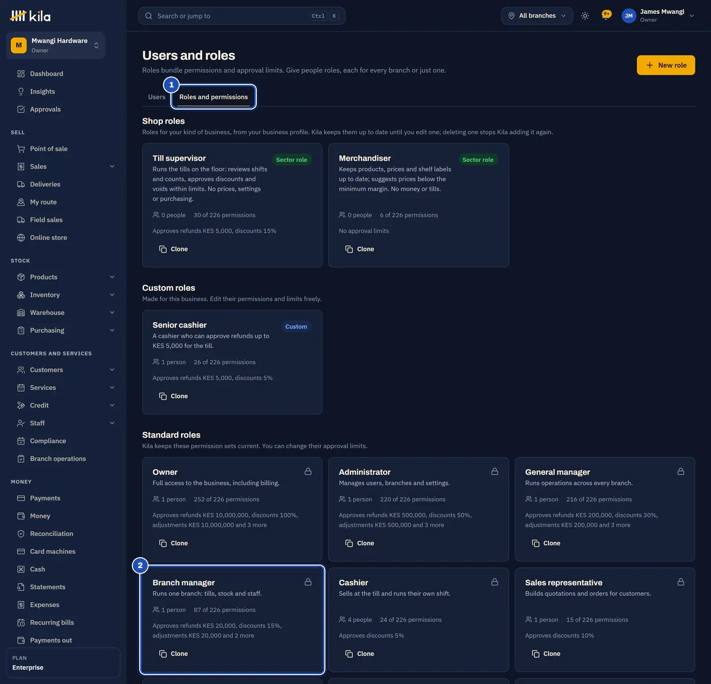 Users and roles at Mwangi Hardware, on Roles and permissions (1): shop roles, a custom Senior cashier role and the standard roles. The Branch manager card, which approves refunds KES 20,000, discounts 15% and adjustments KES 20,000, is marked 2.