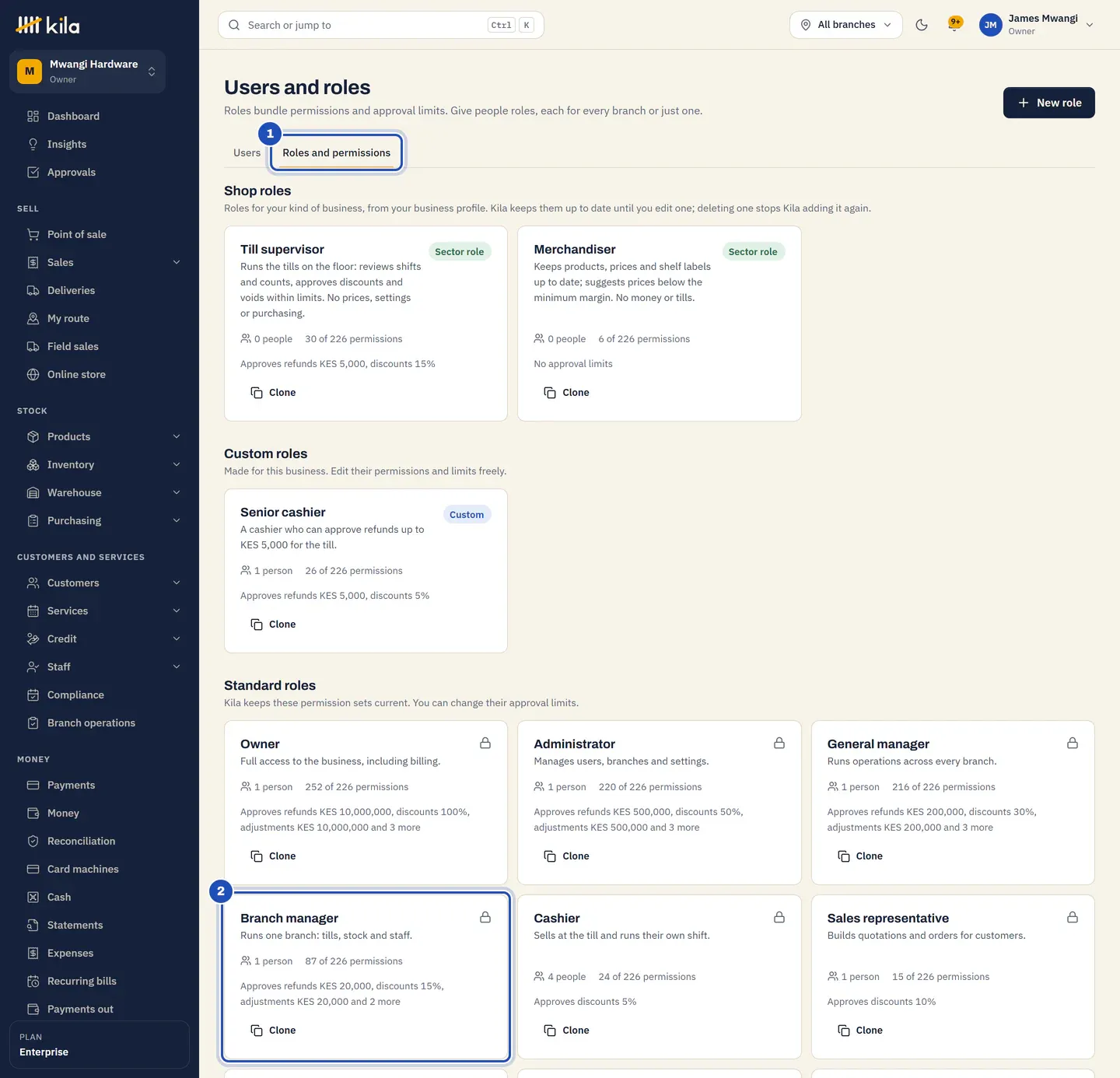 Users and roles at Mwangi Hardware, on Roles and permissions (1): shop roles, a custom Senior cashier role and the standard roles. The Branch manager card, which approves refunds KES 20,000, discounts 15% and adjustments KES 20,000, is marked 2.