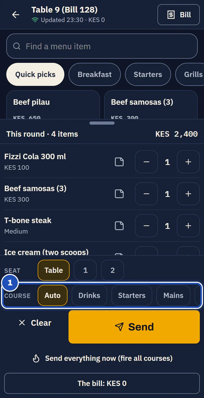 The round for Table 9: a soda, samosas, a T-bone steak and ice cream, with the Course row (Auto, Drinks, Starters, Mains) marked 1, Send, and Send everything now (fire all courses).
