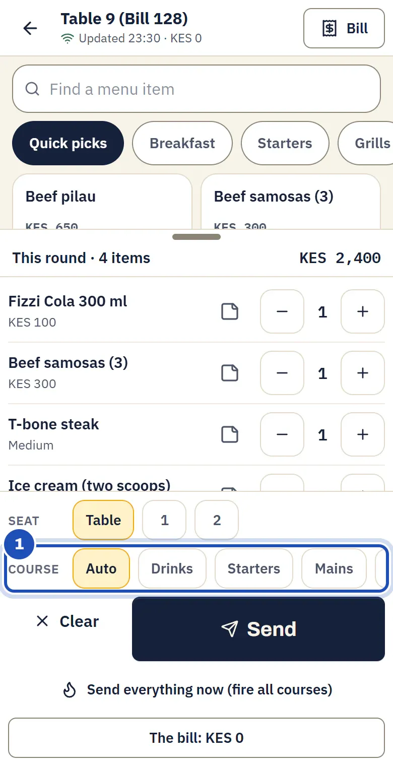 The round for Table 9: a soda, samosas, a T-bone steak and ice cream, with the Course row (Auto, Drinks, Starters, Mains) marked 1, Send, and Send everything now (fire all courses).