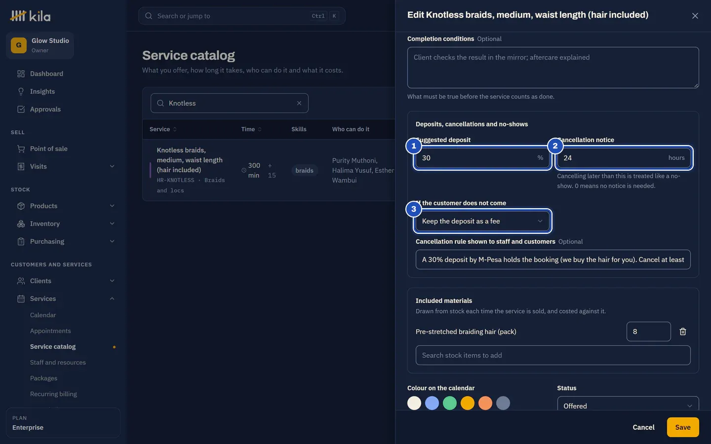 Editing knotless braids in the service catalog: Suggested deposit 30% (1), Cancellation notice 24 hours (2) and If the customer does not come set to Keep the deposit as a fee (3).