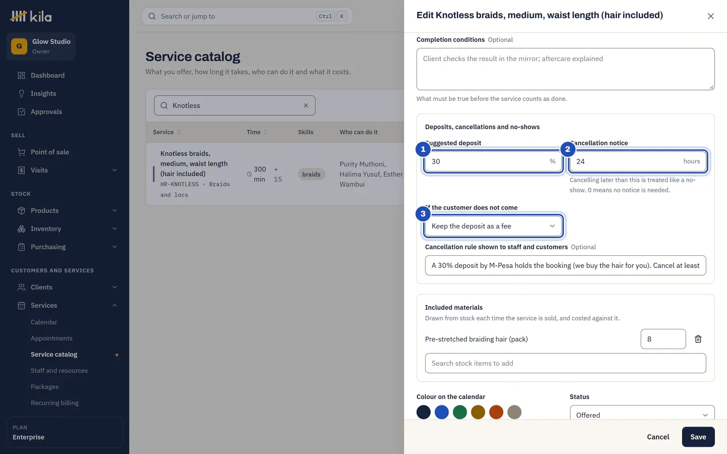 Editing knotless braids in the service catalog: Suggested deposit 30% (1), Cancellation notice 24 hours (2) and If the customer does not come set to Keep the deposit as a fee (3).