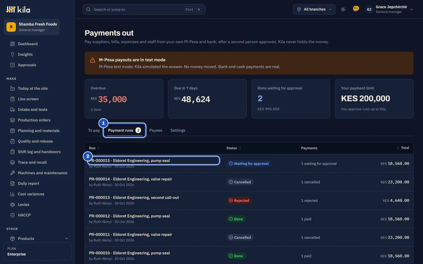 Payment runs for Grace Jepchirchir: the Payment runs tab (1) and Ruth Akinyi's run for Eldoret Engineering Services waiting for approval (2).