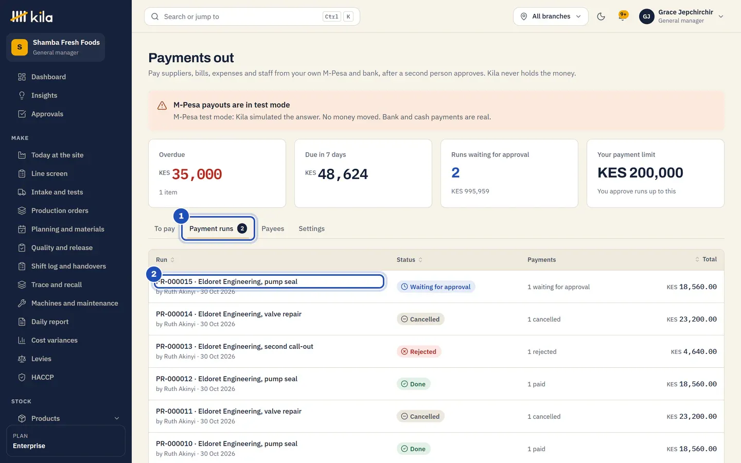 Payment runs for Grace Jepchirchir: the Payment runs tab (1) and Ruth Akinyi's run for Eldoret Engineering Services waiting for approval (2).