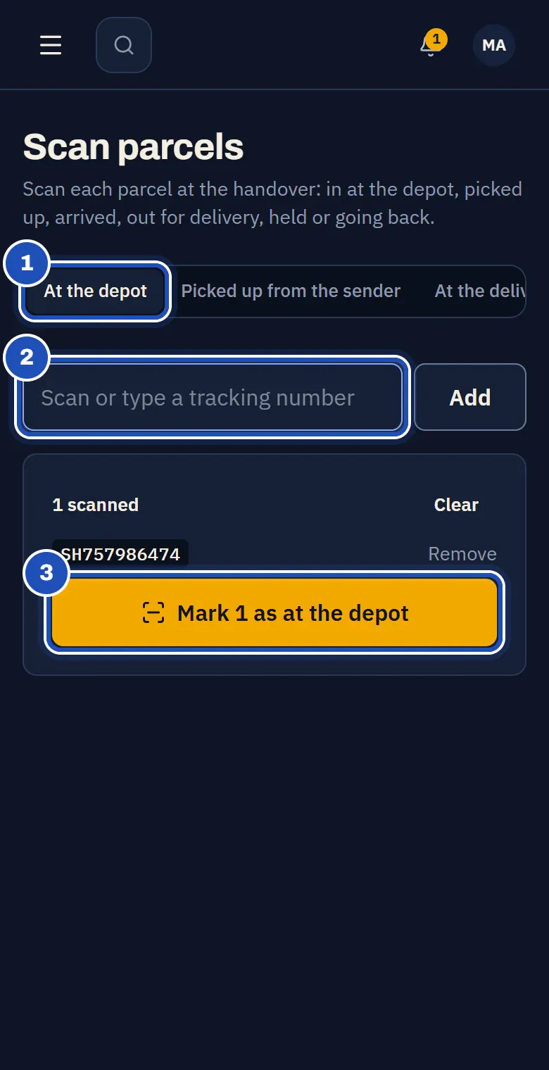 Scan parcels on Mercy Akinyi's phone: At the depot chosen (1), the tracking number box (2), one parcel scanned and Mark 1 as at the depot (3).