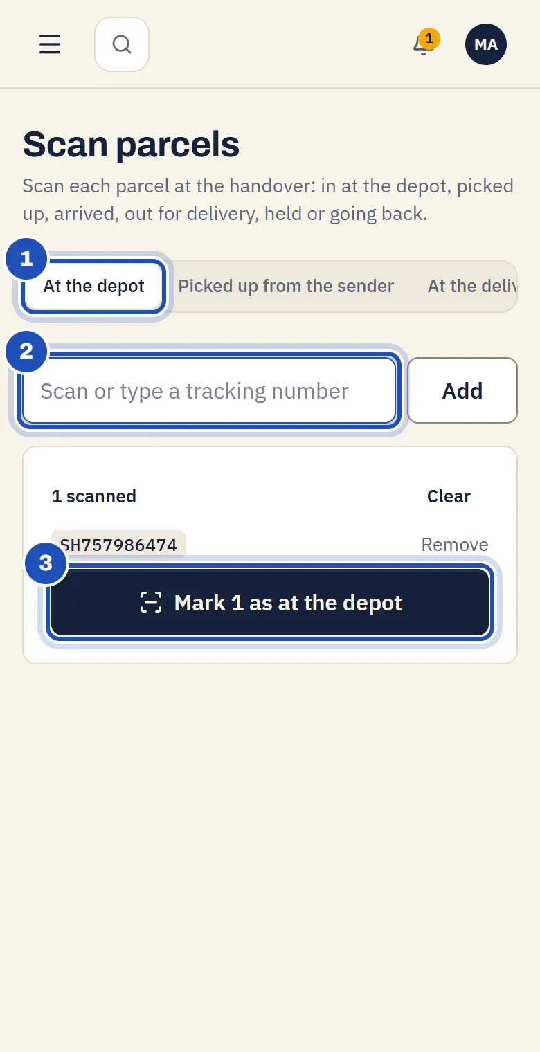 Scan parcels on Mercy Akinyi's phone: At the depot chosen (1), the tracking number box (2), one parcel scanned and Mark 1 as at the depot (3).