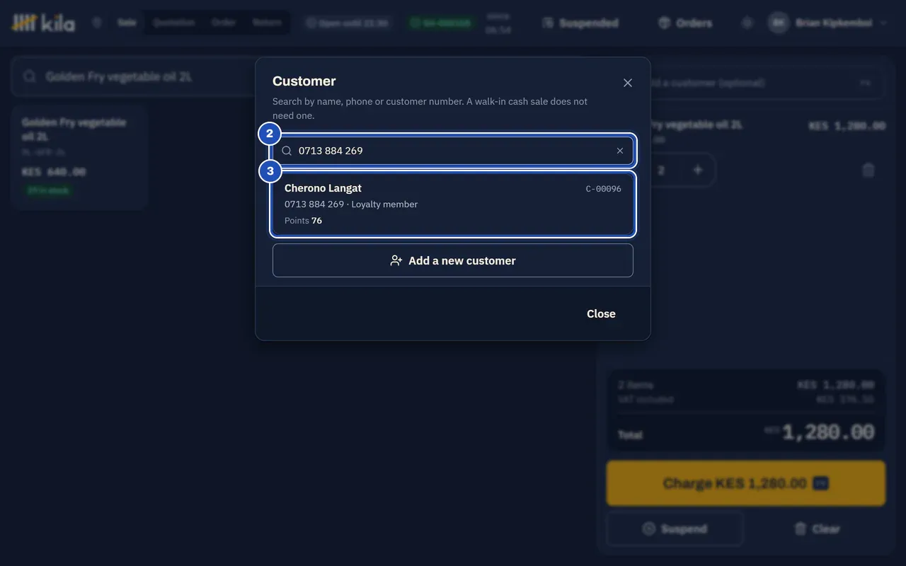 The Customer search: 0713 884 269 typed (2) finds Cherono Langat, C-00096, a loyalty member, with her points (3). Add a new customer is under the result.