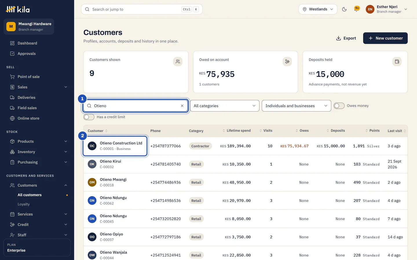 The customer list searched for Otieno: the search box is marked 1 and Otieno Construction Ltd, C-00001, is marked 2.
