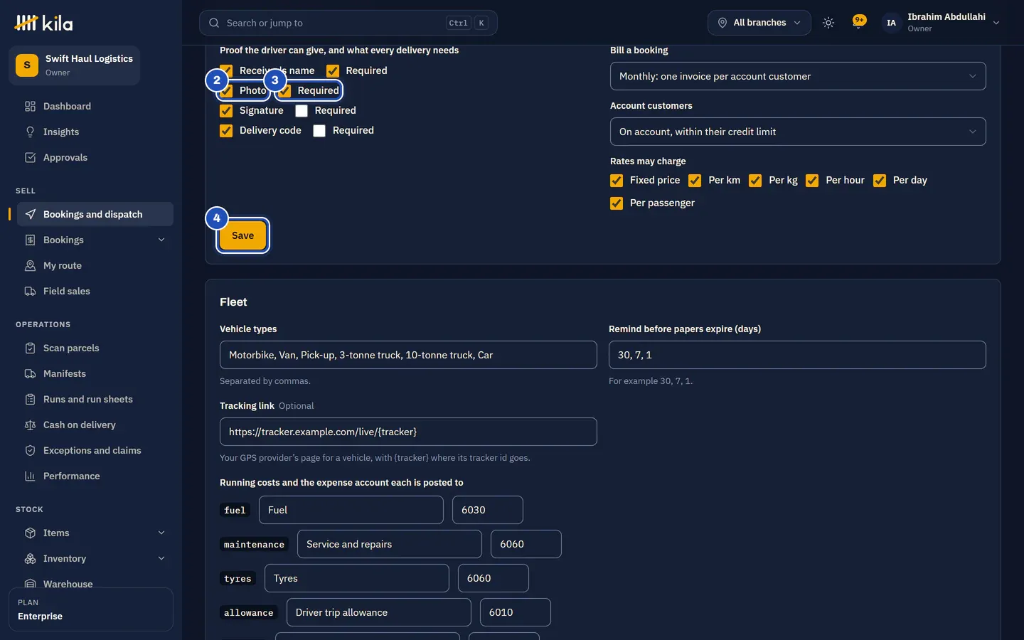 Settings, Proof of delivery and billing at Swift Haul Logistics: Photo offered (2) and now Required (3) beside the receiver's name, the signature and the delivery code. Save is marked 4.