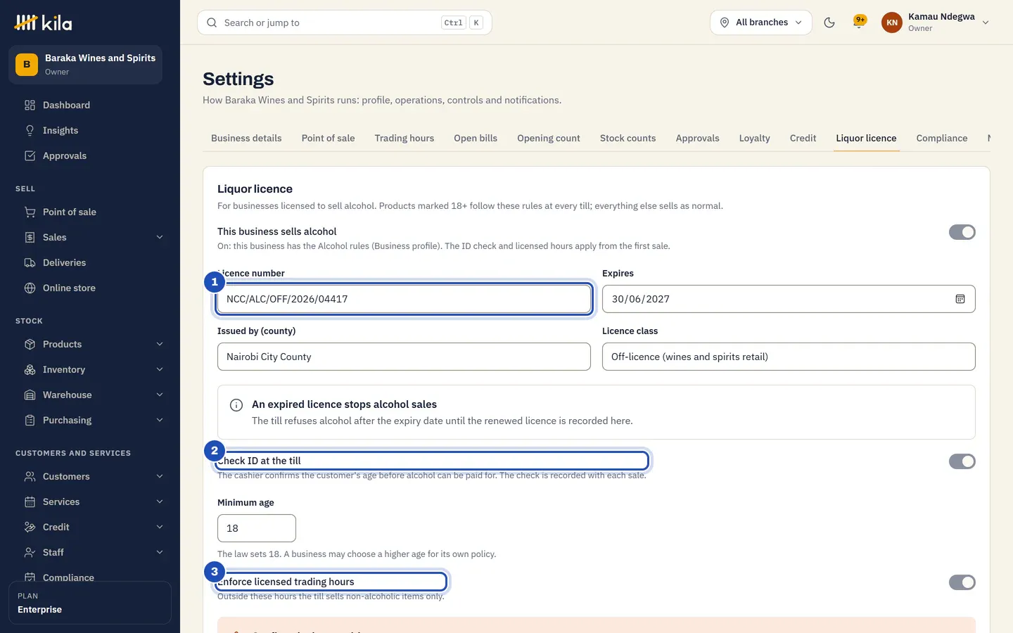 Settings, Liquor licence at Baraka Wines and Spirits: the licence number NCC/ALC/OFF/2026/04417 (1), Check ID at the till (2) and Enforce licensed trading hours (3), with hours for each day.