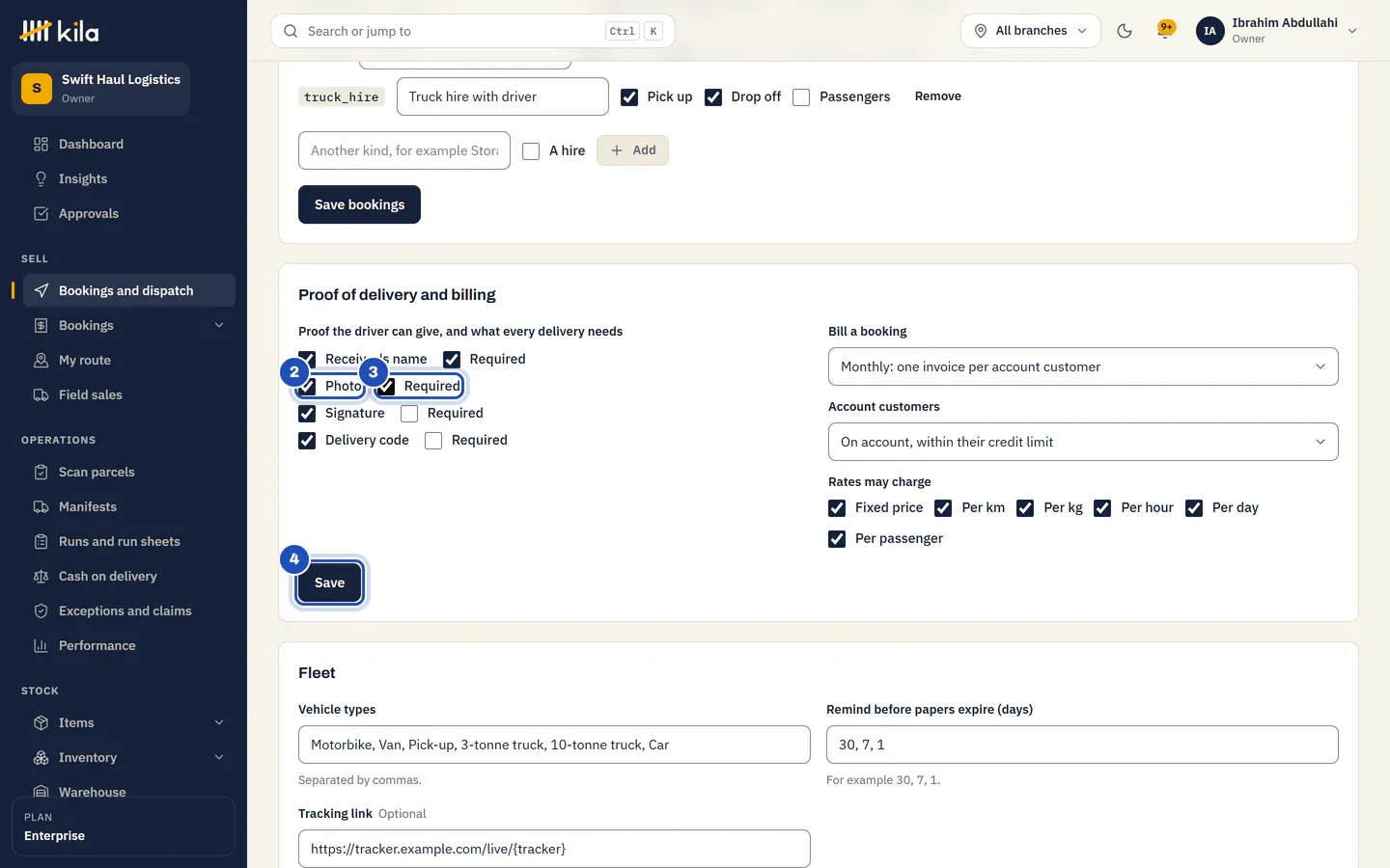 Settings, Proof of delivery and billing at Swift Haul Logistics: Photo offered (2) and now Required (3) beside the receiver's name, the signature and the delivery code. Save is marked 4.