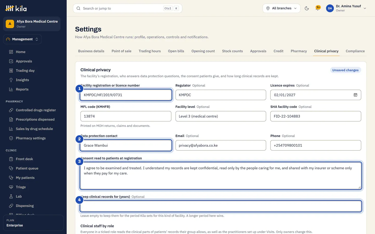 Settings, Clinical privacy at Afya Bora Medical Centre: the facility licence KMPDC/HF/2019/0731 with its regulator, expiry and MFL code 13874 (1), the data protection contact Grace Wambui (2), the consent read to patients (3) and Keep clinical records for (years), empty (4).