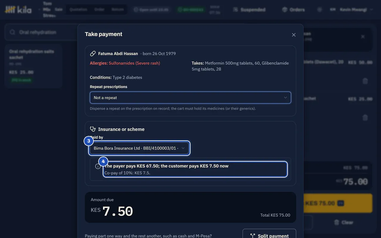 Take payment for Fatuma Abdi Hassan at Dawa Bora Chemists: Paid by Bima Bora Insurance Ltd with her member number (3), and Kila saying The payer pays KES 67.50; the customer pays KES 7.50 now, with the 10% co-pay (4). Amount due KES 7.50.