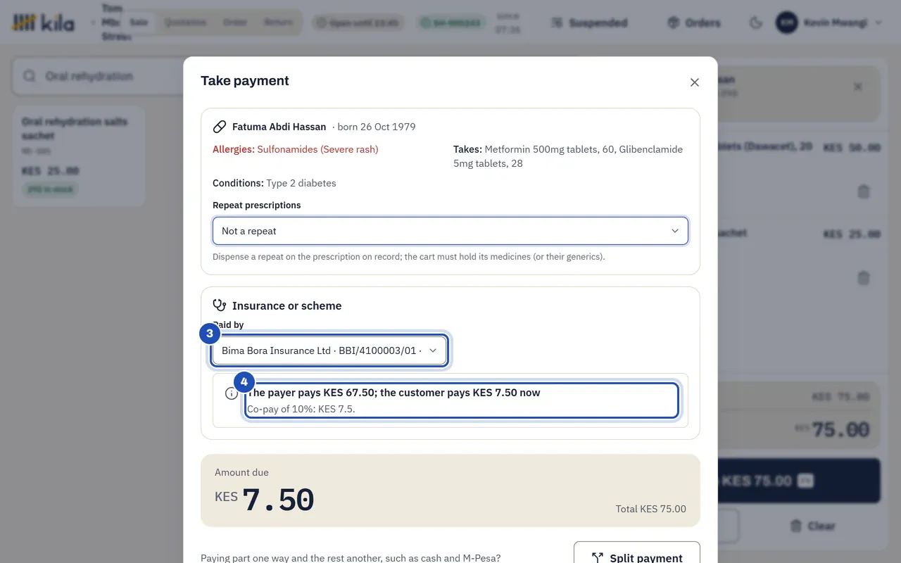 Take payment for Fatuma Abdi Hassan at Dawa Bora Chemists: Paid by Bima Bora Insurance Ltd with her member number (3), and Kila saying The payer pays KES 67.50; the customer pays KES 7.50 now, with the 10% co-pay (4). Amount due KES 7.50.